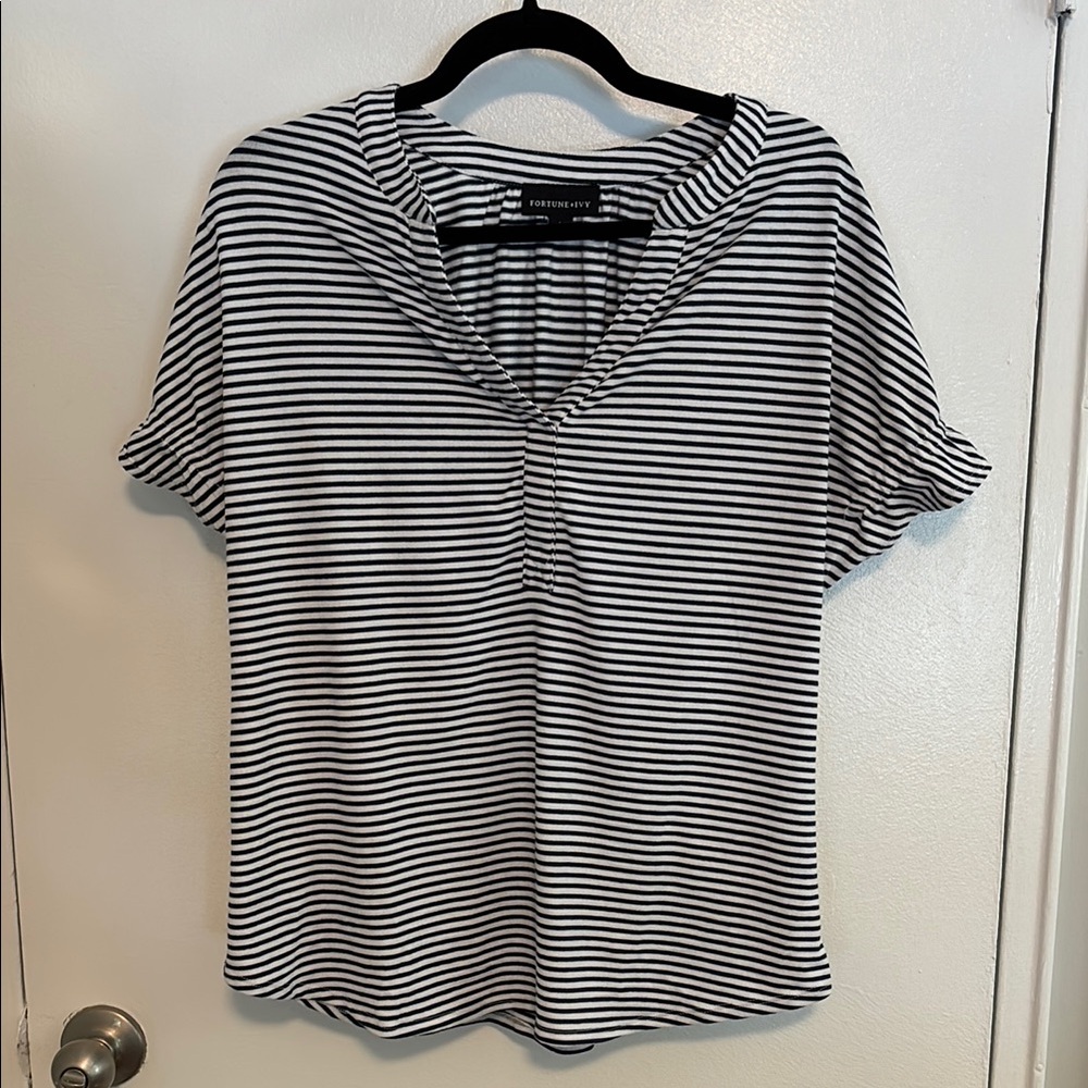 Fortune + Ivy Large Striped Women's Top. Navy and white stripes.